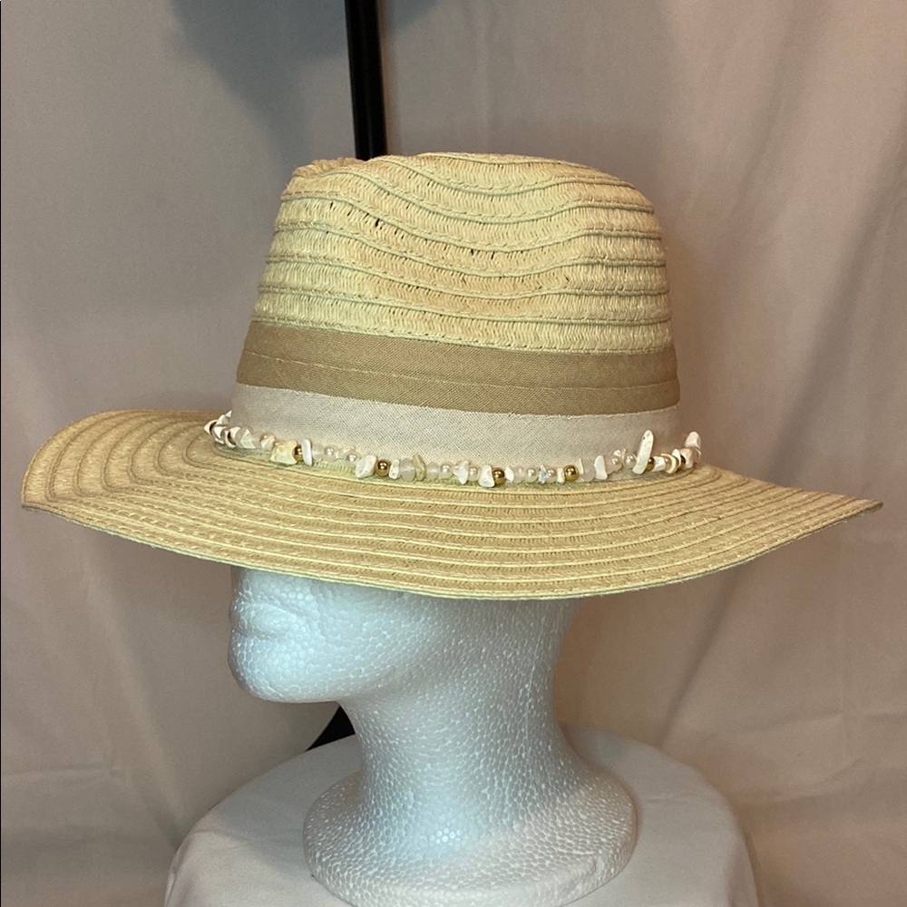 Cato Tan and White Sun Hat with Wide Brim